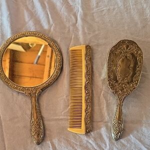 Elegant Gold Vanity Set with Mirror, Comb, and Brush